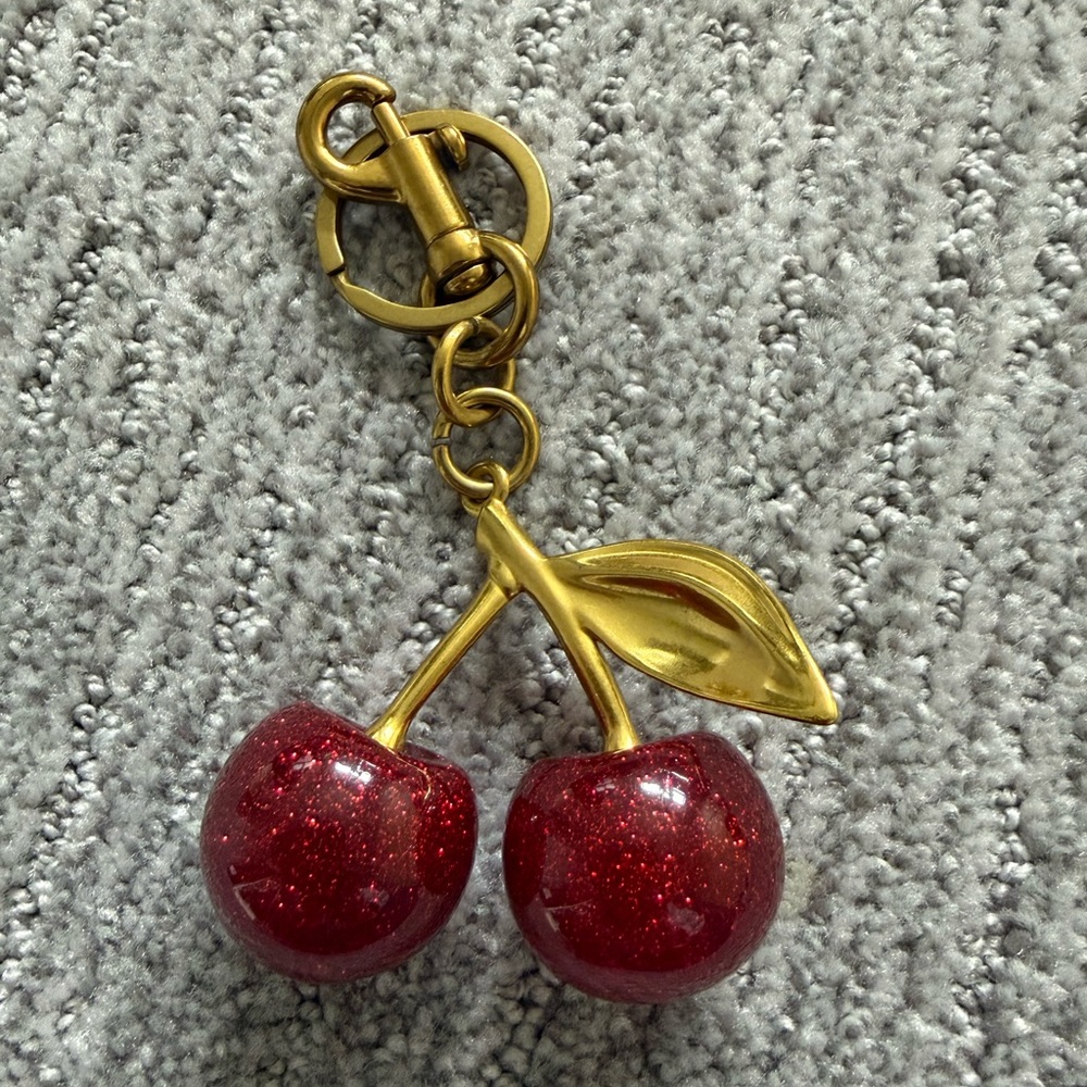 Gold Cherry Keychain with Red Glitter Cherries
